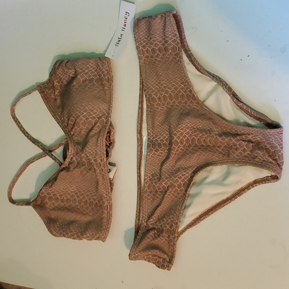 New Hula Honey women's L tan snakeskin print  Corset top bikini